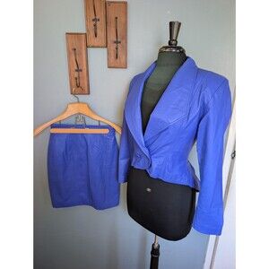 Vintage 80s Blue Leather Jacket & Skirt Womens Size Small
